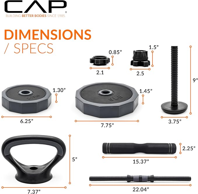 CAP Adjustable Weight Set, Multi-Use Adjustable Dumbbell Set for Home Gym Strength Training, Quick Change Free Weights System, Compact Workout Equipment, Multiple Weight Options