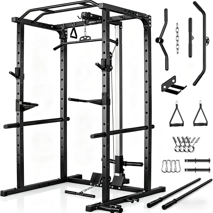 JEEKEE Power Rack with LAT Pulldown, 2000LBS Power Cage with Cable System, Multi-Function Squat Rack with J-Hooks, Safety Bars, Landmine, Pull Up Bar & Attachments for Home Gym Strength Training,Black