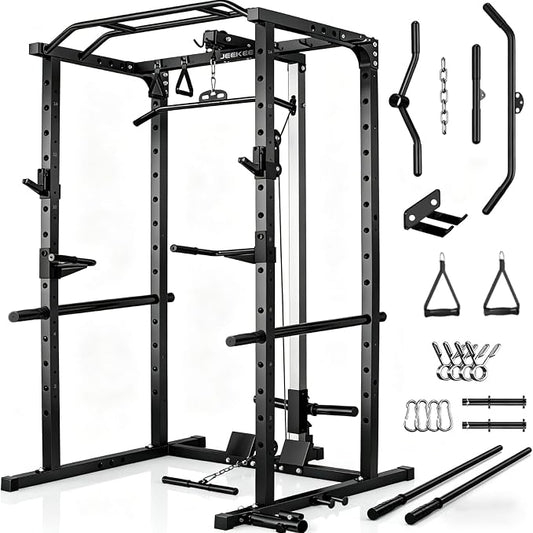 JEEKEE Power Rack with LAT Pulldown, 2000LBS Power Cage with Cable System, Multi-Function Squat Rack with J-Hooks, Safety Bars, Landmine, Pull Up Bar & Attachments for Home Gym Strength Training,Black