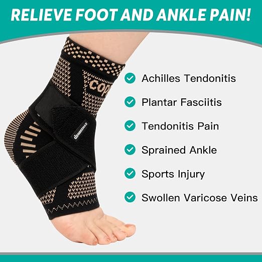 INDEEMAX Ankle Brace for Women & Men, Ankle Compression Sleeve Support Copper Infused Ankle Brace for Sprained Ankle, Plantar Fasciitis Sports, Achilles Tendonitis Pain Relief, Copper Black, S