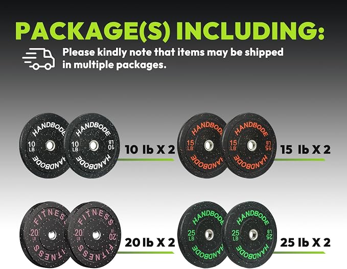 HANDBODE 2-Inch Weight Plates High Bounce, Olympic Bumper Plate Set 45/100/160/190/260/300lb, Colored Weight Plates Set for Home Gym, Barbell Weights Rubber Strength Training Plate for Weight Lifting