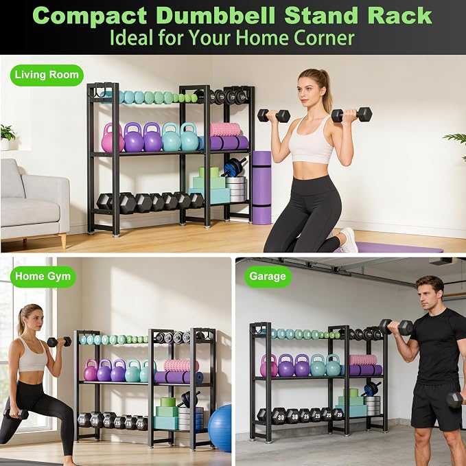 800LBS Capacity Multifunctional Home Gym Storage Rack with Side Hooks, Heavy Duty Adjustable Weight Storage Rack for Dumbbells Kettlebells Yoga Mat, Space Saving Workout Equipment Storage Organizer
