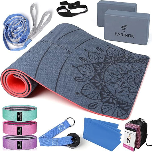 1/3 Yoga Mat Thick, Yoga Set for Beginners Include High Density Mat with Multi-loops Strap, Blocks, Booty Resistance Band Set, Door Anchor, Carring Bag & Strap
