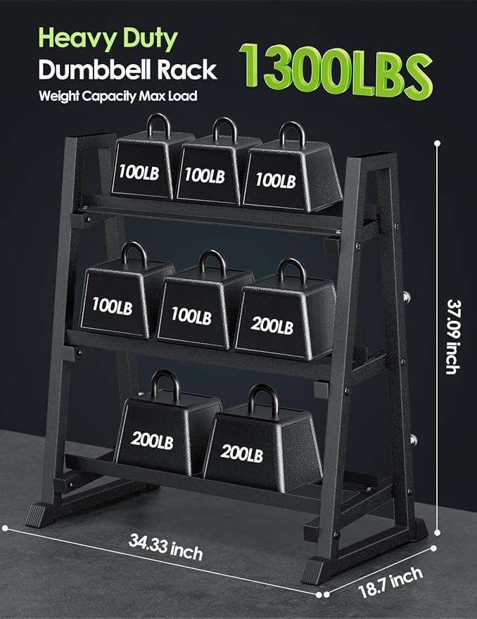 Leteuke 3 Tier Dumbbell Rack Stand Only, 1300LBS Heavy Duty | Trapezoidal Frame for Stability, Space-Saving Design; Fits Dumbbells, Kettlebells, Barbells for Home Gym