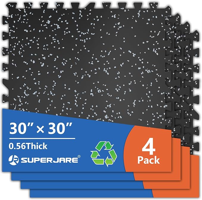 SUPERJARE 30" x 30" Larger Rubber Top Exercise Equipment Mats, 0.56" Thick 4PCS 25 Sq Ft High-Density EVA Foam Interlocking Gym Flooring, Big Workout Mat for Home Gym, Floor Protection, Black/Grey