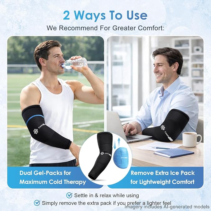 ComfiTECH Dual-Gel Full Arm Elbow Ice Pack Wrap with 30-Min Cooling, Large | Detachable Cold Pack & Flexible Gel Sleeve for Volleyball, Reusable Ice Compress for Tennis Recovery, Shin Muscle Comfort