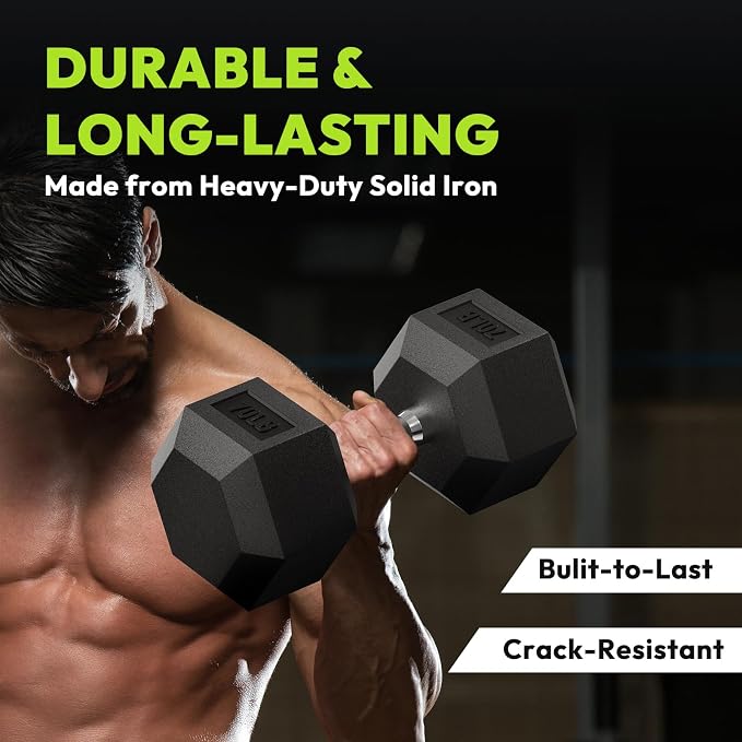 HANDBODE Rubber Encased Hex Dumbbell Pair, 2.5-65 lb | Non-Slip Handle Design for Secure & Comfortable Grip, Hand Weights for Strength Training, Fitness & Home Gym