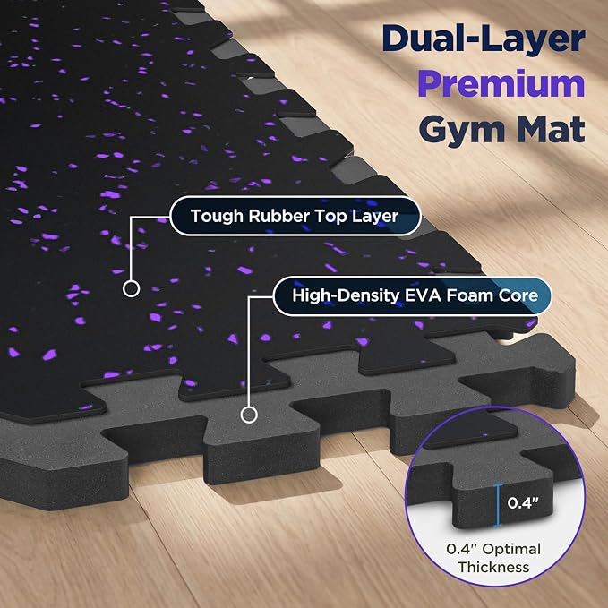 24 Sq Ft Rubber Top Gym Flooring for Home Gym, Black/Purple | 6 Tiles, High Density EVA Foam, Waterproof & Non-Slip Rubber, 0.4" Interlocking Puzzle Mats, Floor Protection, 24"x24"