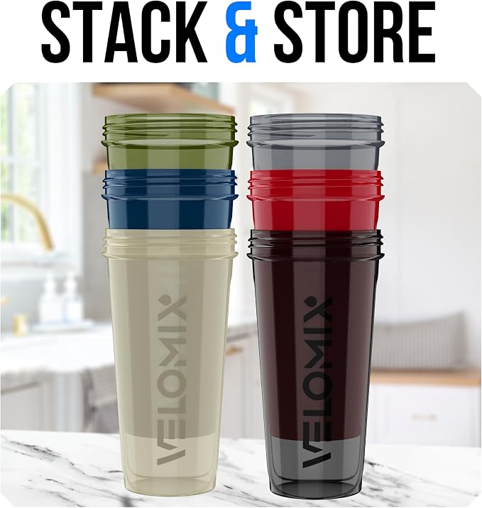 VELOMIX 6 Pack 28oz Protein Shaker Bottle, Stealth Edition | 6x Wire Whisk, Leak Proof Shaker Cups for Protein Shakes, Stackable, Dishwasher safe, BPA free, Pre Workout and Gym ready