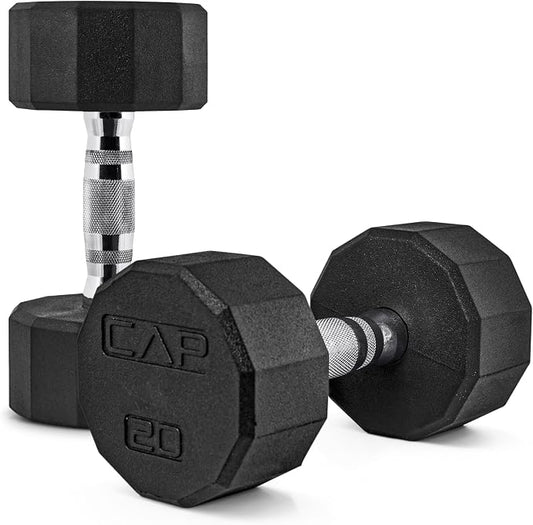 CAP Rubber Coated Dumbbell Weights, Free Weights for Home Gym Strength Training, Anti-Roll Hex Dumbbells with Black, Chrome & Comfort Grip Handles, Pairs & Sets
