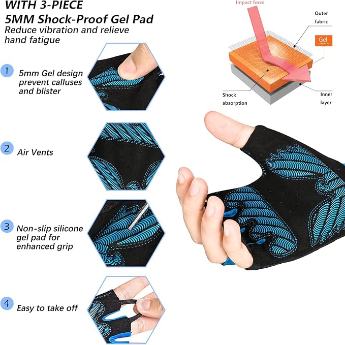 Cycling Gloves Bike Bicycle Gloves, Half Finger 5MM Gel Anti-Slip | Biking Gloves for Men Women Gym workout exercise Motorcycle Hiking Rowing Outdoor Sports