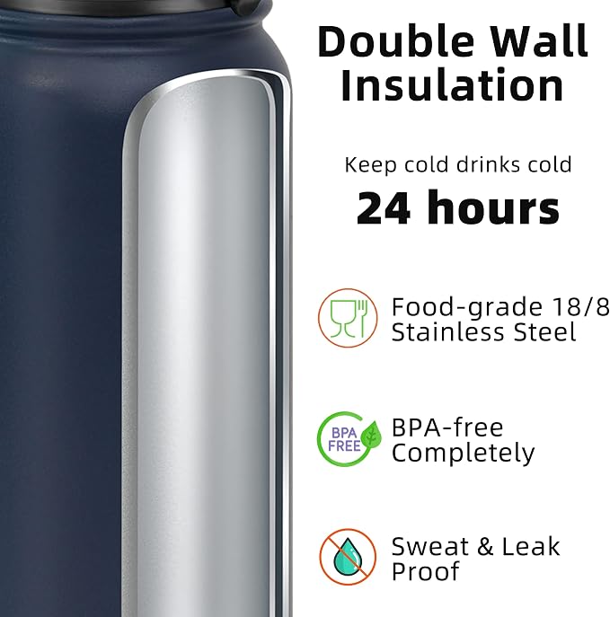 Fanhaw 32 oz Insulated Stainless Steel Water Bottle with Anti-Dust Chug Lid, Leakproof Vacuum Sports Bottle for Kids, Teens & Adults, Back to School Essentials (Navy Blue)