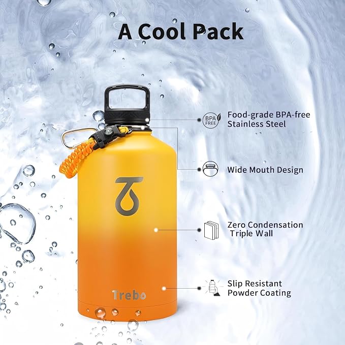 Trebo One Gallon Water Bottle Insulated with 3 Lids, Paracord Handle & Bag | 128 oz Large Stainless Steel Water Jug, Triple Wall Vacuum Copper Plated, Dishwasher Safe, Keeps Cold 48 Hrs for Hiking, Gym