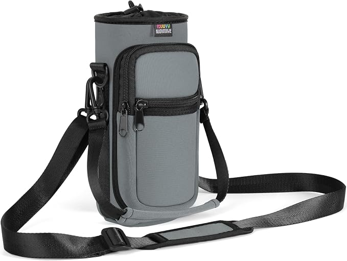 Nuovoware Water Bottle Carrier Bag, 25oz/32oz Bottle Pouch Holder, Adjustable Shoulder Hand Strap 2 Pocket Sling Neoprene Sleeve Sports Accessories for Hiking Travelling Camping, Light Gray | Adjustable Shoulder Hand Strap, 2 Pocket, Neoprene Sleeve, F...