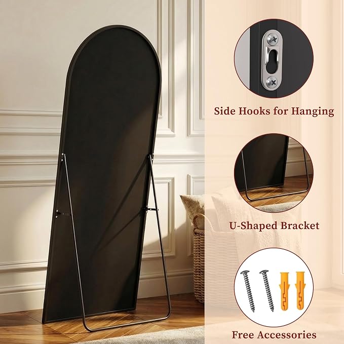 Suidia 71"x28" Arched Full Length Mirror with Stand, Full Body Mirror with Aluminum Frame, Freestanding/Leaning/Wall-Mounted, Floor Mirrors for Bedroom, Living Room, Entryway, Dressing Room, Black