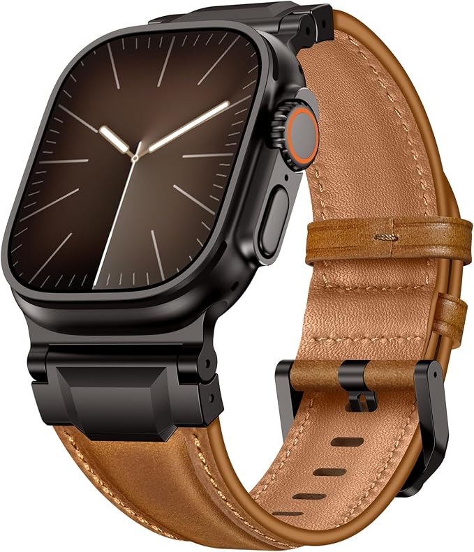 Bands Compatible with Apple Watch Ultra 3/2/1 Band 49/46/45/44mm | Genuine Leather Metal Connector Strap for iWatch Ultra Series 11/10/9/8/7/SE/6/5/4/3/2/1, Retro Brown/Black