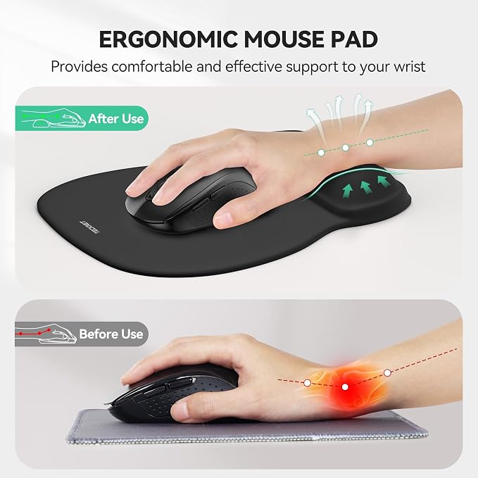 TECKNET Gel Ergonomic Mouse Pad with Wrist Rest, Non-Slip PU Base, Black | Comfortable Gel Cushion, Pain Relief, Smooth and Waterproof Surface, Mouse Pad with Wrist Rest for Office, Gaming and Study