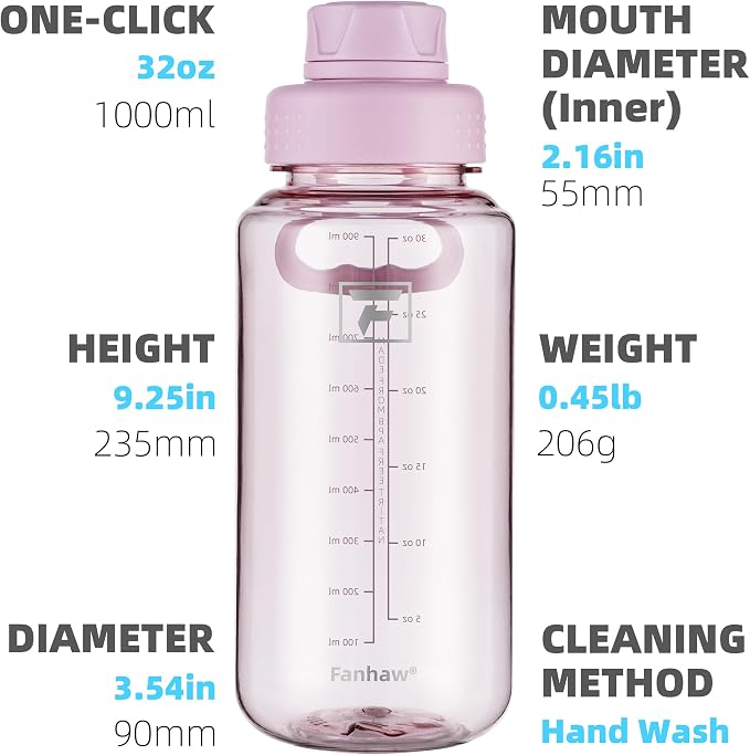 Fanhaw 32 oz Clear BPA-Free Tritan Water Bottle with Fast-Flow Spout Lid, BPA-Free & Leak-Proof Wide-Mouth Reusable Bottle for Gym, School & Office, Back to School Essentials (Cherry Blossom)