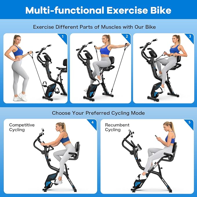 pooboo Folding Exercise Bike, Foldable Upright Stationary Bike, Indoor Cycling Magnetic X-Bike with 8-Level Adjustable Resistance, 6.6 LBS Flywheel, 300LB Capacity, Back Support Cushion for Home Gym