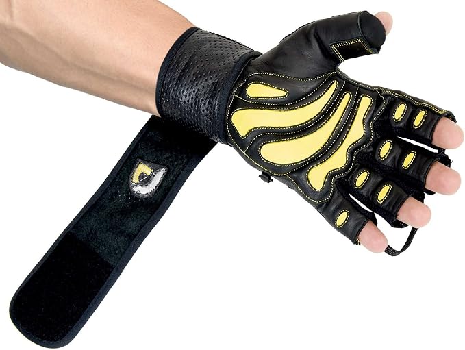 Elite Leather Gym Gloves with Built in 2" Wide Wrist Wraps Grip & Design for Weightlifting Power Lifting Bodybuilding & Strength Training Workout Exercises