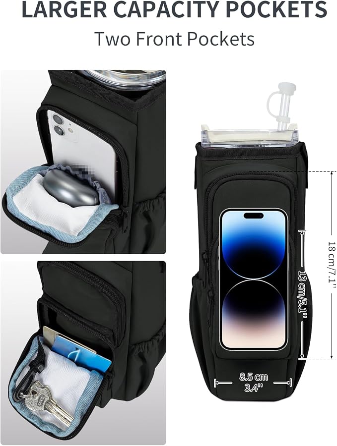 sportsnew 30/40oz Crossbody Water Bottle Holder Anti-Tip Tumbler Carrier | Lightweight Bottle Sling Fits Handled Tumbler w/ Phone Pocket, Adjustable Strap, Insulated Lining, Hands-free for Hiking Gym