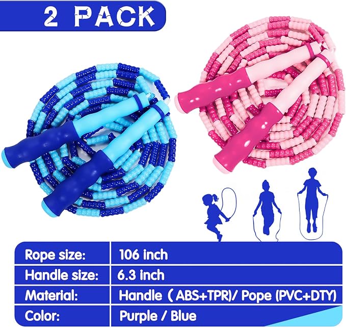 Supertrip Jump Rope Kids-Soft Beaded Skipping Rope Adjustable Tangle-Free Segmented Jumping Rope for Children and Students