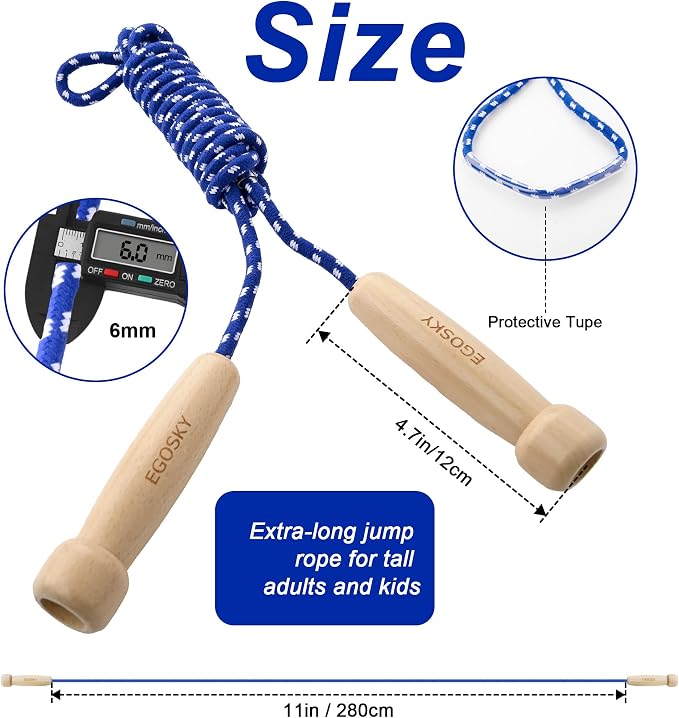 Jump Rope for Women Men Kids, EGOSKY Adjustable Wooden Handle Skipping Rope for Adult Boys Girls Fitness Exercise Outdoor Activity (Blue)