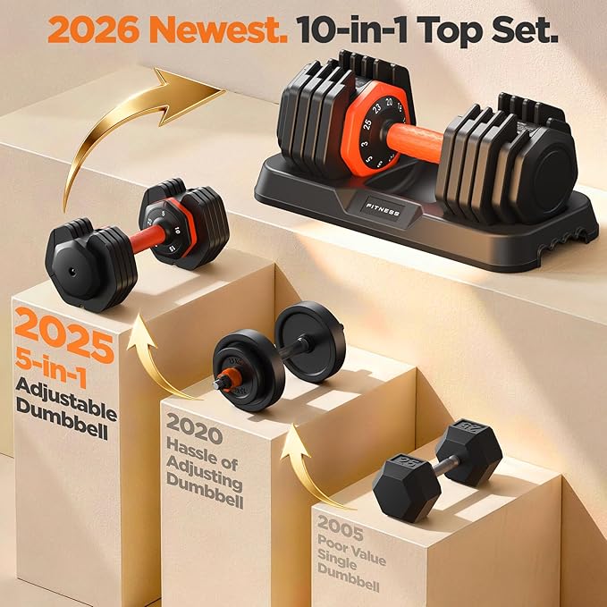 2026 FDB2 Updated Adjustable Dumbbell Set of 2, 5-in-1/10-in-1 Weights Dumbbell Set with Storage Box, 25lbs/55lbs Adjustable Weights with Anti-slip Silicone Grip, Weight Set For Home Gym Suit both Men and Women