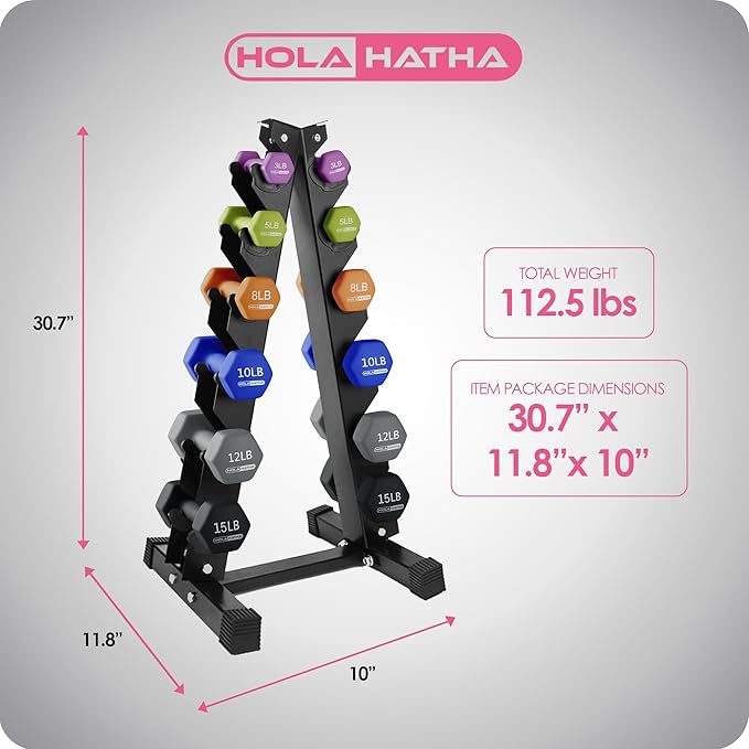 HolaHatha 1, 2 and 3 lb Neoprene Dumbbell Strength Training Weight Set with Rack