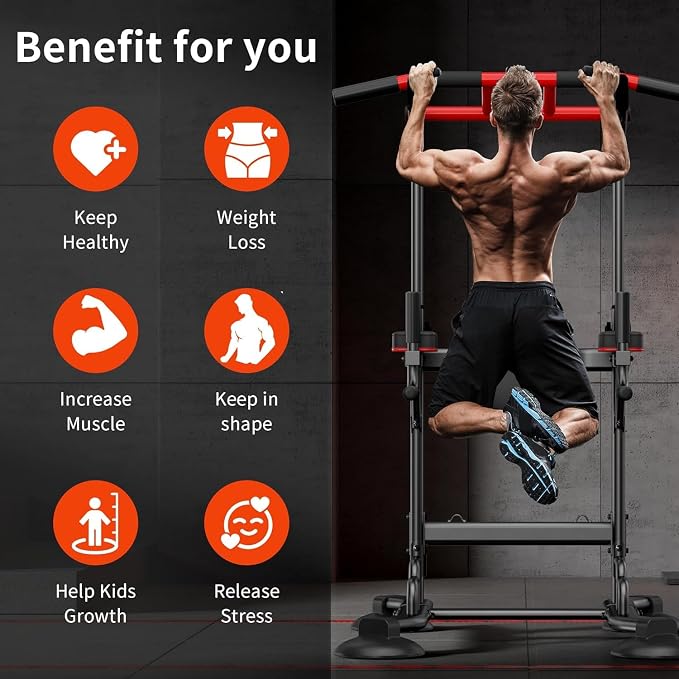 SogesHome Pull Up Bar and Dip Station Adjustable Home Gym Fitness Equipment | Multifunctional Heavy Duty Power Tower 330LB Capacity, Free Standing Strength Training Exercise Machine for Full Body Workout
