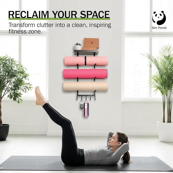 Yoga Mat Holder Wall Mount with Mesh Bag | 4-Tier Metal Storage Rack, Floating Shelf & 5 Hooks, Large Home Gym Organizer