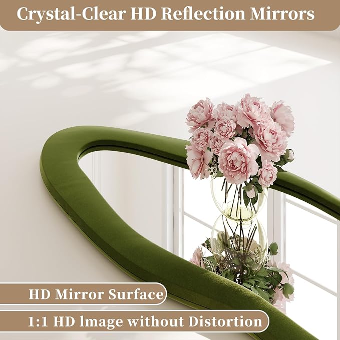 Full Length Mirror, 63"x24" Flannel Full Body Mirrors | Velvet Floor Mirrors with Stand, Irregular Wavy Mirror Hanging or Leaning Against Wall for Bedroom Living Room, Green