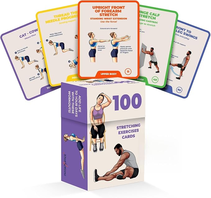 Stretching Exercise Cards – 100 Illustrated Flexibility and Mobility Flash Cards Designed by a Physical Therapist with Video Tutorials for Men and Women