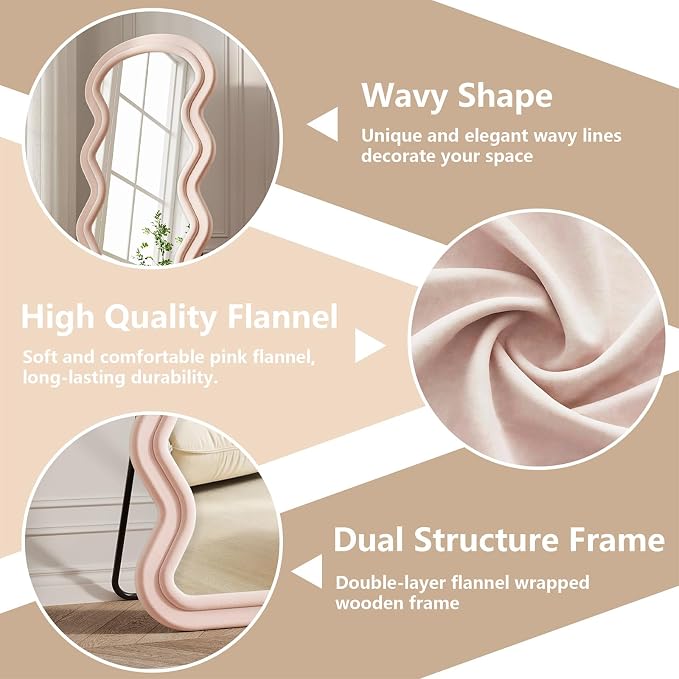 Full Length Mirror, 71"x32" Wavy Full Body Mirror Flannel | Full Body Mirror with Stand, Flannel Floor Mirrror Bedroom and Living Room, Wall Mirror Hanging or Leaning, Pink
