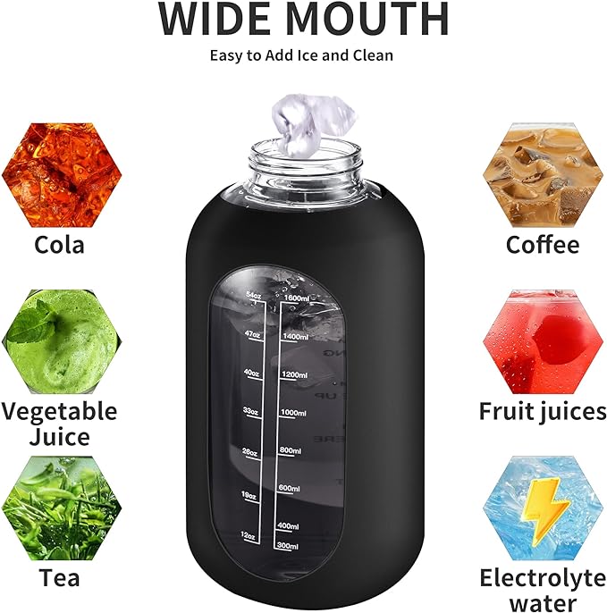 CIVAGO 40 oz Glass Water Bottle with Straw, Large Motivational Water Jug | Time Marker, 2 Leakproof Lids, Wide Mouth, Water Flask Cup with Handle and Silicone Sleeve, for Gym, Sports, Juices, Red