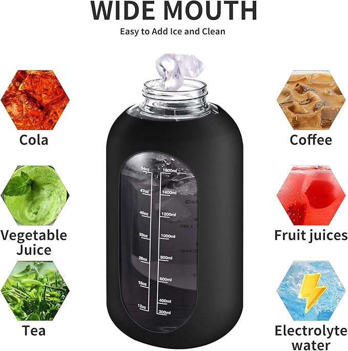 CIVAGO 32 oz Glass Water Bottle with Straw, Large Motivational Water Jug | Time Marker, 2 Leakproof Lids, Wide Mouth, Water Flask Cup with Handle and Silicone Sleeve, for Gym, Sports, Juices, Red