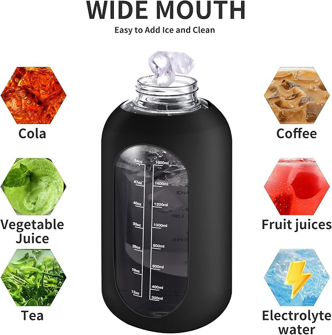 CIVAGO 32 oz Glass Water Bottle with Straw, Large Motivational Water Jug | Time Marker, 2 Leakproof Lids, Wide Mouth, Water Flask Cup with Handle and Silicone Sleeve, for Gym, Sports, Juices, Lilac