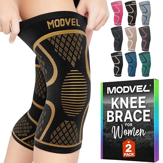 Modvel 2 Pack Knee Brace for Women - Knee Support for Walking, Knee Compression Sleeves for Pain Relief, Knee Sleeves for Women, Knee Brace for Sports, Workouts & Arthritis