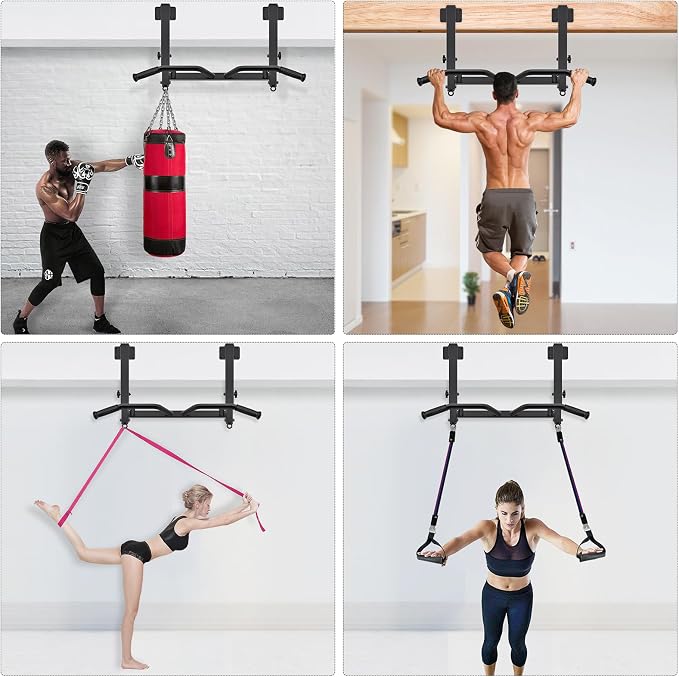 SELEWARE Heavy Duty Welded Pull Up Bar Wall/Joist/Ceiling Mount Chin Up Bar | Multifunctional Pull-up Bars w/Resistance Band Hooks for Home Gym Strength Training, Sturdy Steel Construction Support 500 lb
