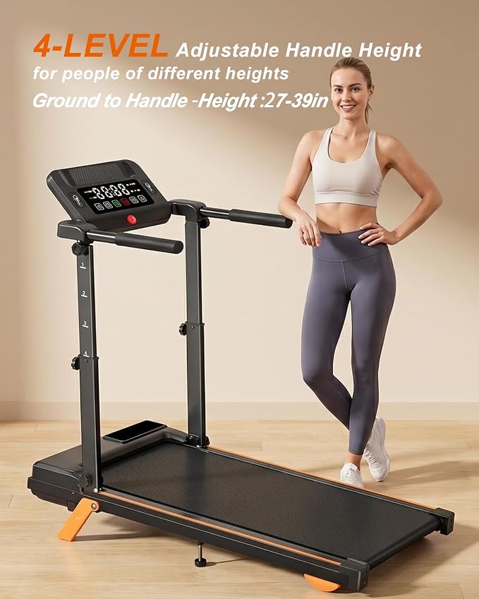 12% Incline Multifunctional Walking Pad with Height-Adjustable Handle Bar and Built-in Removable Desk, 8.0MPH/3.5HP Small Treadmill, 350LBS Weight Capacity Compact Treadmills (Black Orange)