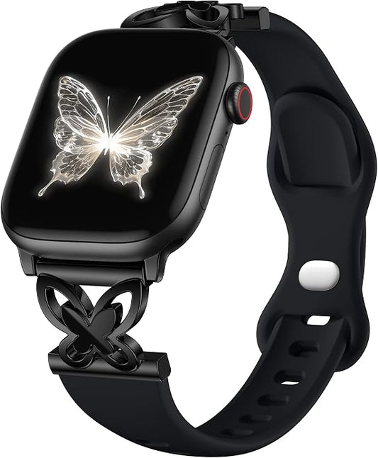 Lerobo Slim Silicone Band Compatible with Apple Watch Bands for Women | Dressy Metal Butterfly 16mm Thin Strap for iWatch Series 11 10 9 8 7 6 5 4 SE Ultra 38mm 40mm 41mm 42mm 44mm 45mm 46mm 49mm