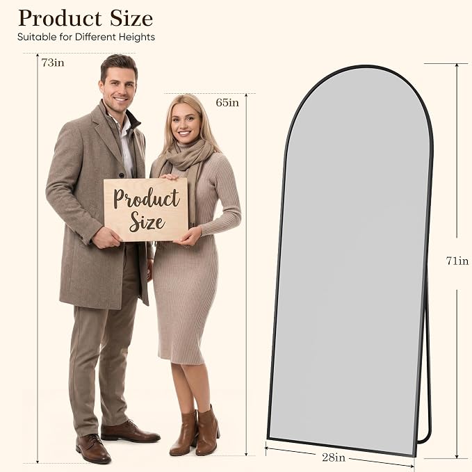 71"x28" Arched Full Length Mirror with Stand, Free Standing Leaning Wall Mounted Aluminum Alloy Frame Mirror for Bedroom Living Room Cloakroom, Black