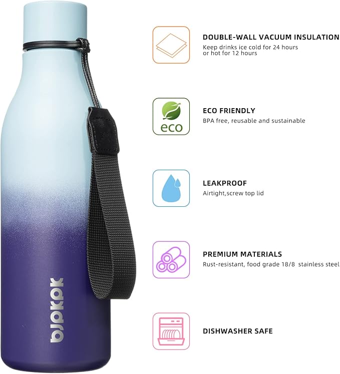 BJPKPK 18oz Insulated Water Bottle, Stainless Steel Bottle with Carry Strap | Keep Cold & Hot Vacuum Insulation, Leak-Proof BPA-Free Design, Slim Bottle Fits Most Cup Holders for Gym, Office & Travel