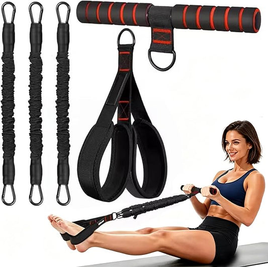 3-Tube Adjustable Pedal Resistance Band (30-90LBS) Home Workout | Elastic Bands with Soft Non-Slip Pedals, Targets Abdomen, Waist, Arm & Leg. Portable Home Fitness Gear