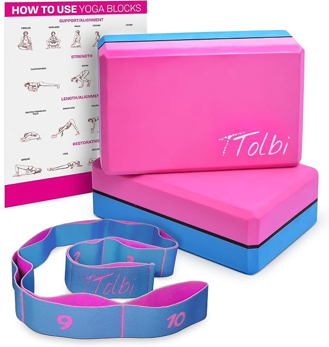 Yoga Blocks 2 Pack with Strap and Guide – Soft Non-Slip EVA Foam Blocks | High-Density Pilates Blocks for Home Workouts, Dance, Ballet, Gymnastics & Stretching Exercise, Dance Accessories and Gifts