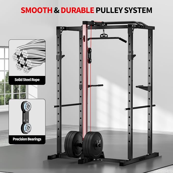 JEEKEE Power Rack with LAT Pulldown, 2000LBS Power Cage with Cable System, Multi-Function Squat Rack with J-Hooks, Safety Bars, Landmine, Pull Up Bar & Attachments for Home Gym Strength Training,Black
