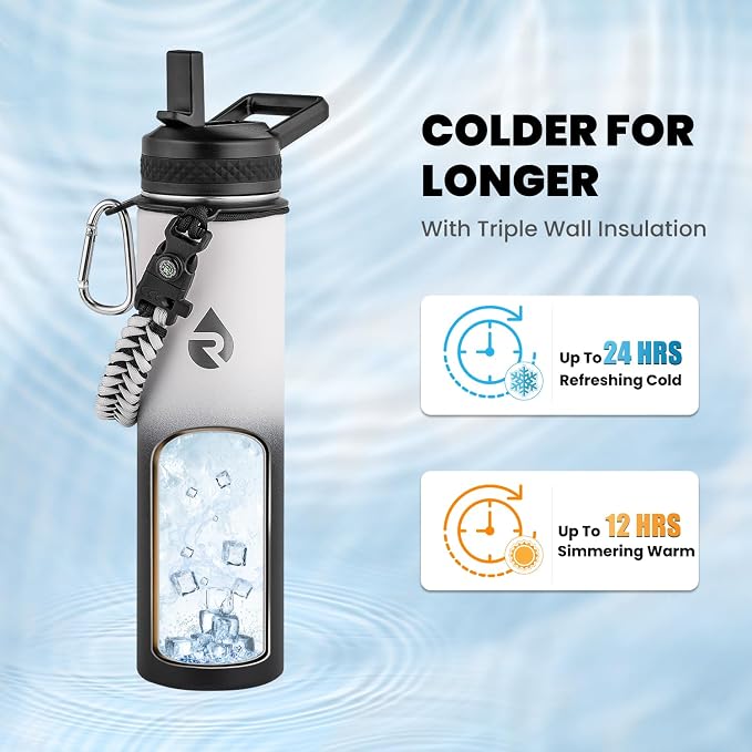 RAYMYLO Insulated Water Bottle 24 oz, Triple Wall Vacuum Stainless Steel | (Cold for 24Hrs, Hot for 12Hrs), Leak Proof & Non-BPA, Modern Water Flask Jug with Paracord Handle & Straw Spout Lids