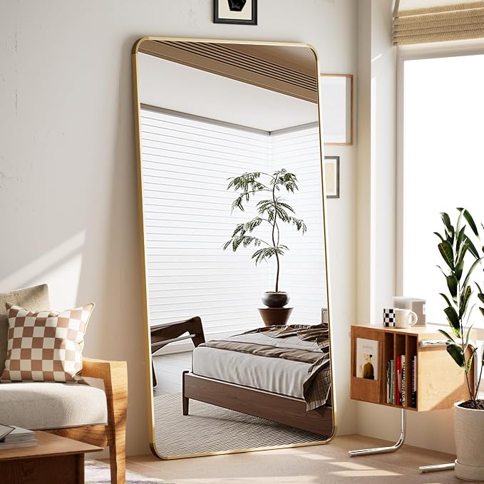 BEAUTYPEAK 71" x 32" Rounded Corner Full Length Mirror with Stand, Gold | Aluminum Alloy Frame with Standing, Leaning, or Wall-Mounted, Ideal for Bedroom, Dressing Room, Entryway, and Living Room