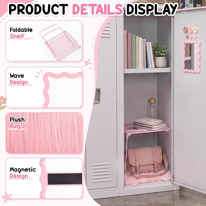 RattanView 10 Pcs Locker accessories Kit Magnetic Acrylic Mirror Plush Rug Small Comb 6 Flower Magnet Locker Organizer for Back to School Teen Student Girl Office Work Lockers Decoration Gift(Pink)