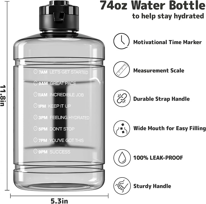 Large Water Bottle with Motivational Time Marker & Straw & Handle,2 Lids | BPA Free,Gallon Water Jug, Half Gallon water Bottle for Sport Gym Camping Workout Outdoors Yoga (Clear)